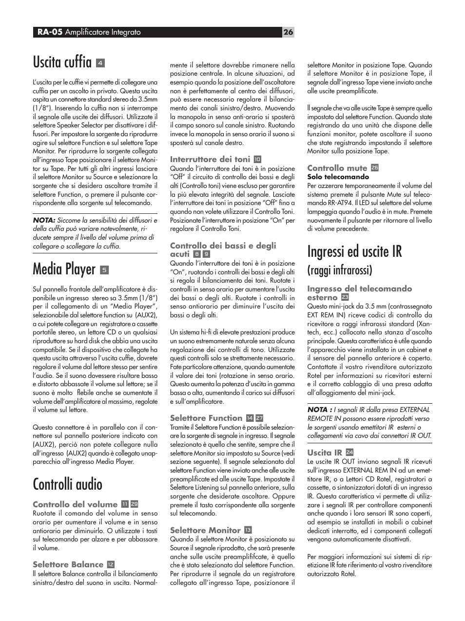 Uscita cufﬁa, Media player, Controlli audio | Ingressi ed uscite ir, Raggi infrarossi) | ROTEL RA-05 User Manual | Page 26 / 52