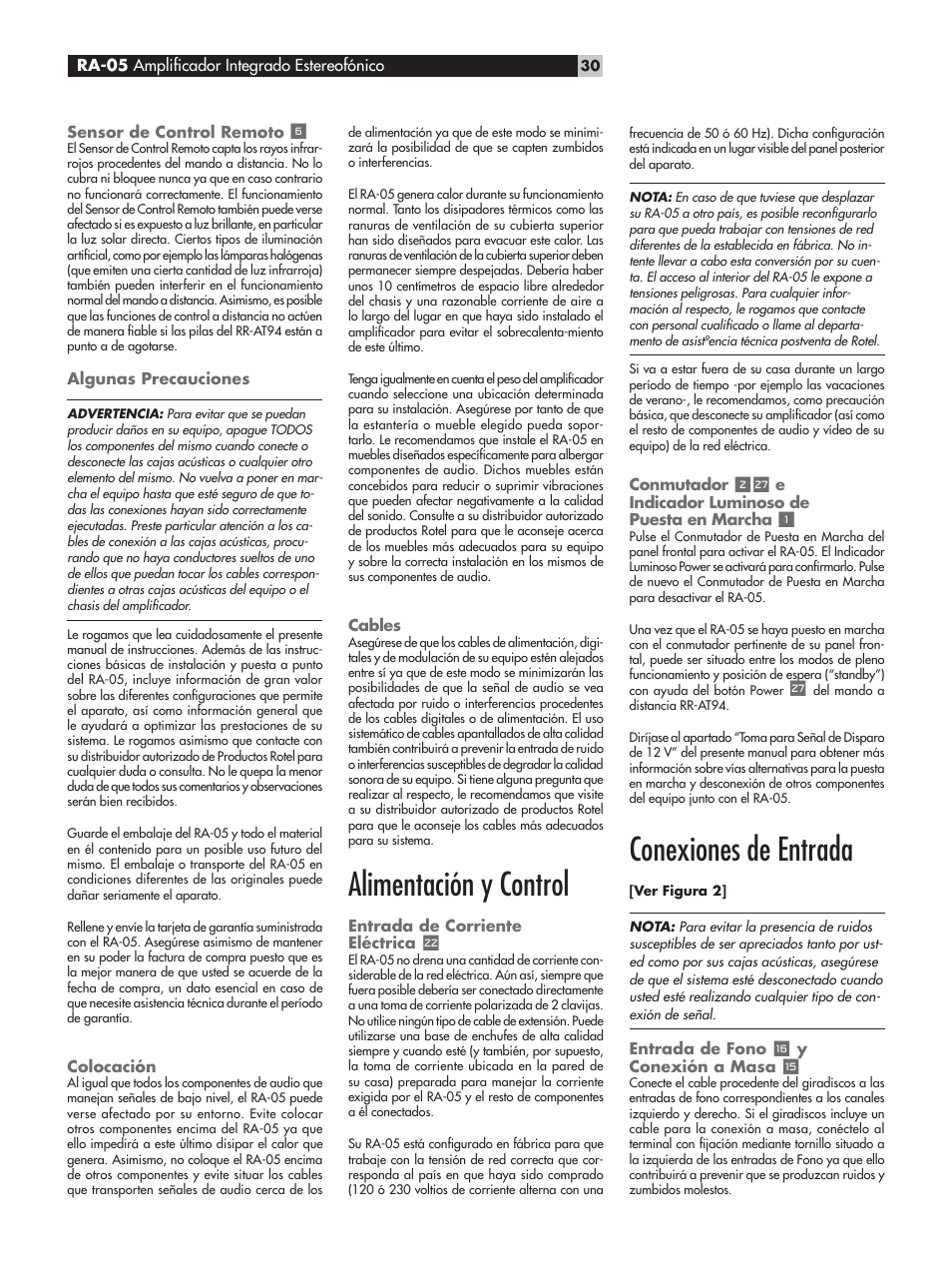 Alimentación y control, Conexiones de entrada | ROTEL RA-05 User Manual | Page 30 / 52