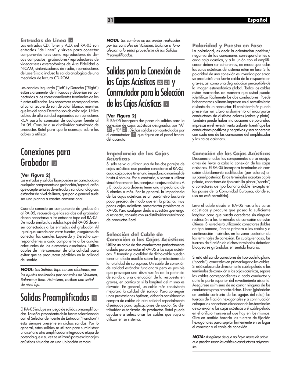 Conexiones para grabador, Salidas preampliﬁcadas, Salidas para la conexión de las cajas acústicas | ROTEL RA-05 User Manual | Page 31 / 52