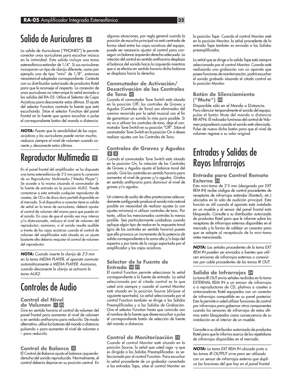 Salida de auriculares, Reproductor multimedia, Controles de audio | Entradas y salidas de rayos infrarrojos | ROTEL RA-05 User Manual | Page 32 / 52