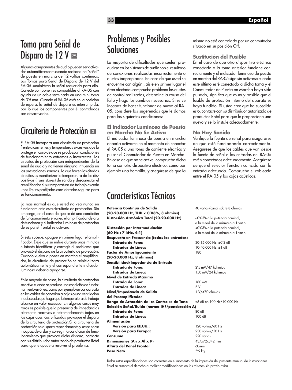 Toma para señal de disparo de 12 v, Circuitería de protección, Problemas y posibles soluciones | Características técnicas | ROTEL RA-05 User Manual | Page 33 / 52