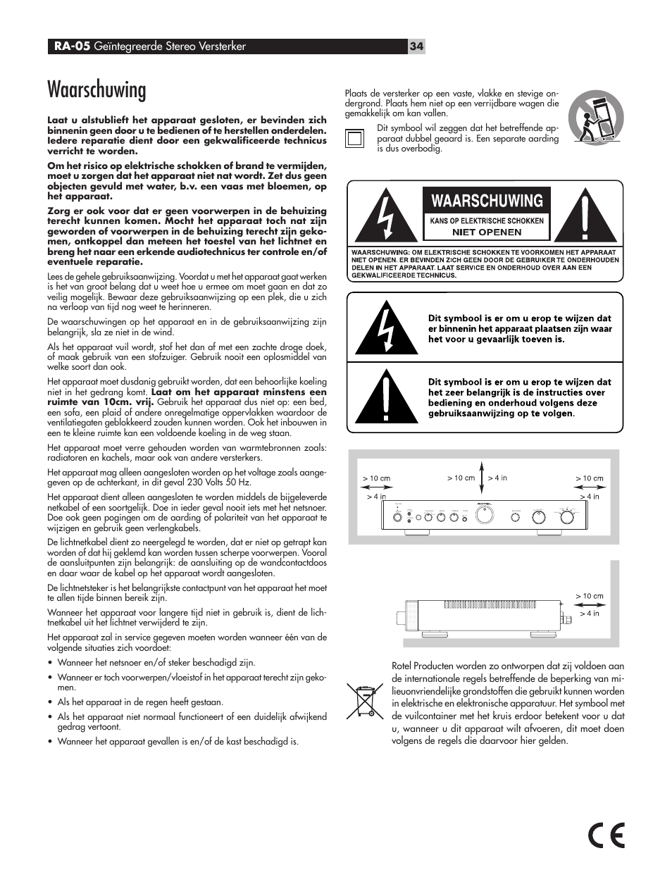 Waarschuwing, Ra-05 geïntegreerde stereo versterker | ROTEL RA-05 User Manual | Page 34 / 52