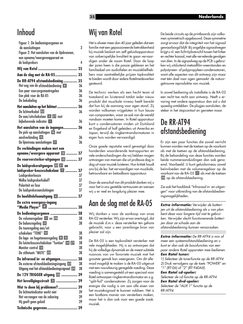 Inhoud, Wij van rotel, Aan de slag met de ra-05 | De rr-at94 afstandsbediening | ROTEL RA-05 User Manual | Page 35 / 52