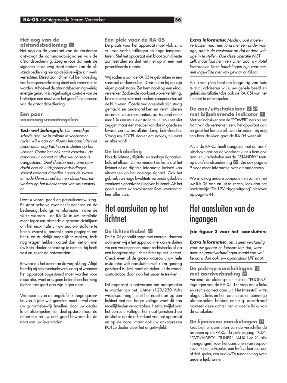 Het aansluiten op het lichtnet, Het aansluiten van de ingangen | ROTEL RA-05 User Manual | Page 36 / 52