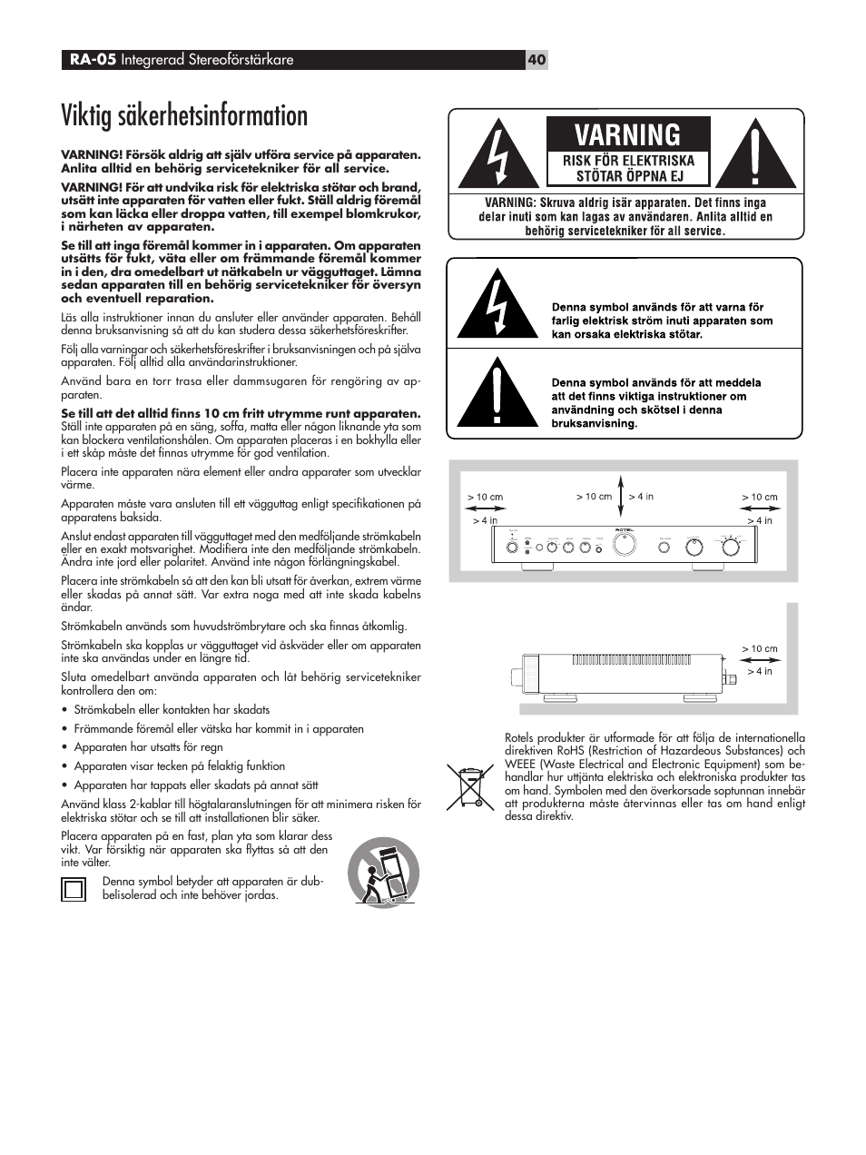 Viktig säkerhetsinformation, Ra-05 integrerad stereoförstärkare | ROTEL RA-05 User Manual | Page 40 / 52