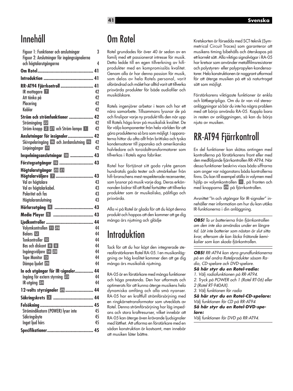 Innehåll, Om rotel, Introduktion | Rr-at94 fjärrkontroll | ROTEL RA-05 User Manual | Page 41 / 52