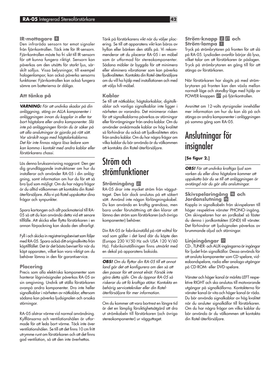 Ström och strömfunktioner, Anslutningar för insignaler | ROTEL RA-05 User Manual | Page 42 / 52