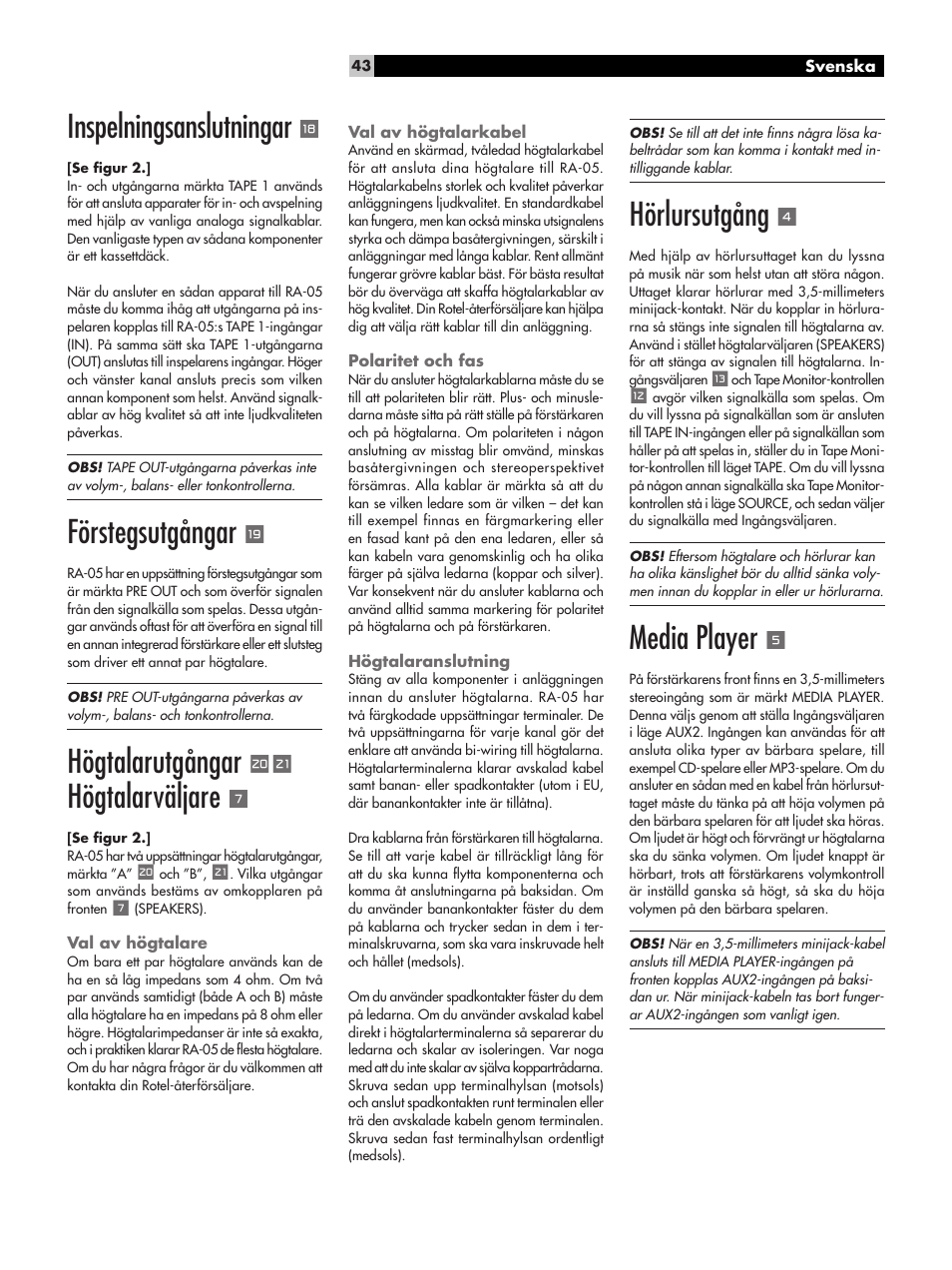 Inspelningsanslutningar, Förstegsutgångar, Högtalarutgångar | Högtalarväljare, Hörlursutgång, Media player | ROTEL RA-05 User Manual | Page 43 / 52