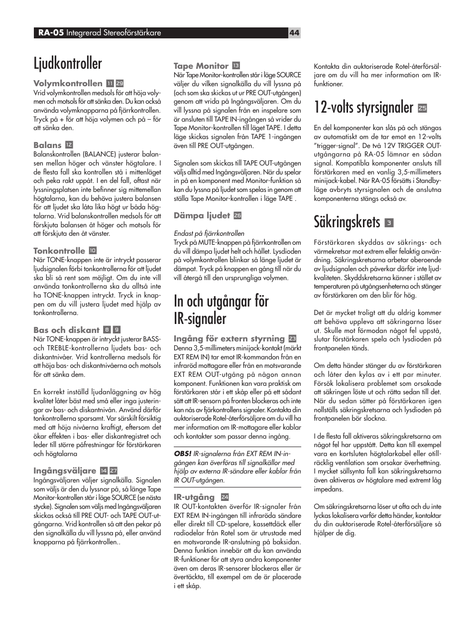 Ljudkontroller, Volts styrsignaler, Säkringskrets | ROTEL RA-05 User Manual | Page 44 / 52