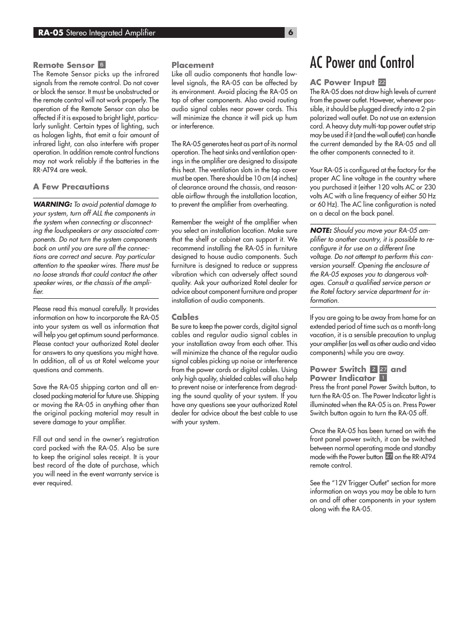 Ac power and control | ROTEL RA-05 User Manual | Page 6 / 52