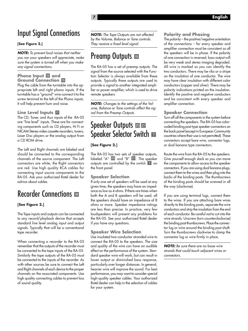 Input signal connections, Recorder connections, Preamp outputs | Speaker outputs, Speaker selector switch | ROTEL RA-05 User Manual | Page 7 / 52