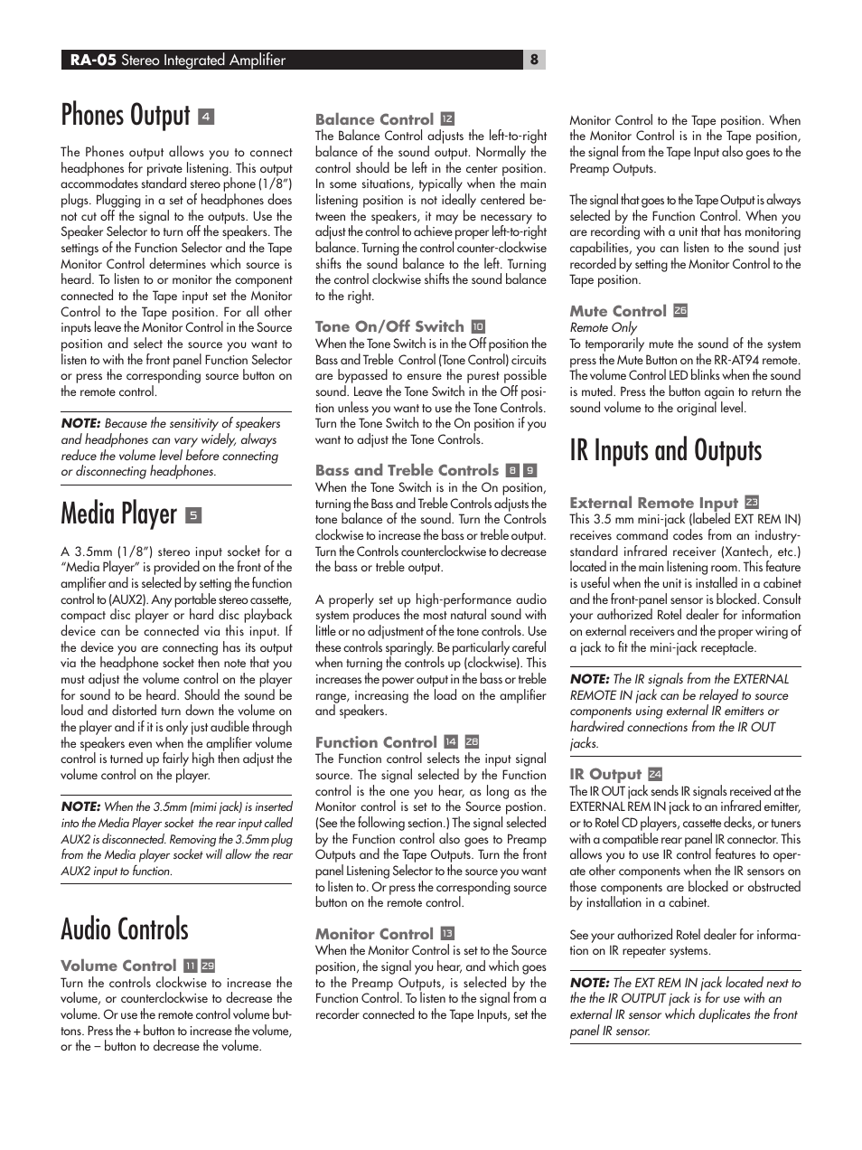 Phones output, Media player, Audio controls | Ir inputs and outputs | ROTEL RA-05 User Manual | Page 8 / 52