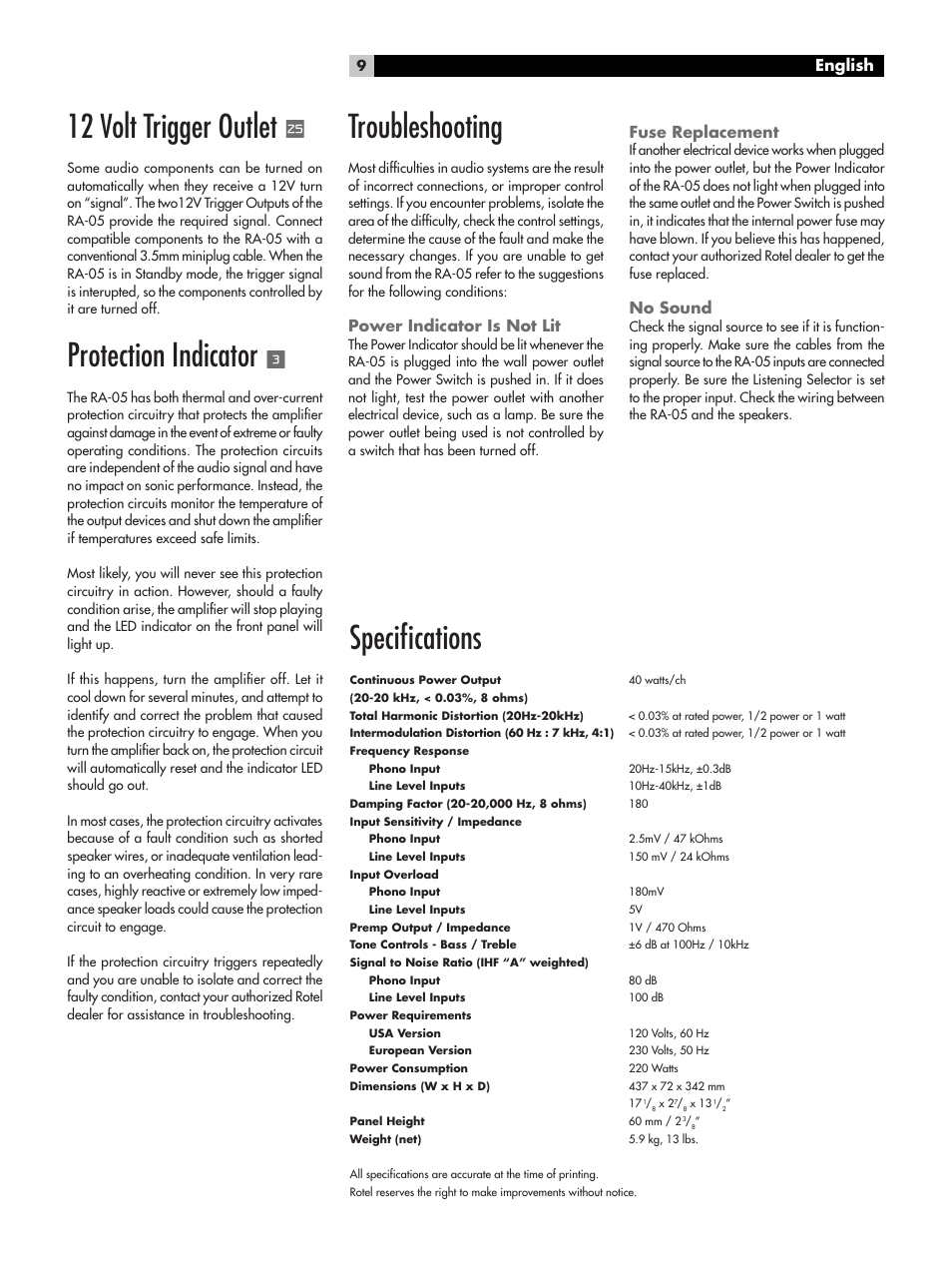 12 volt trigger outlet, Protection indicator, Speciﬁcations | Troubleshooting, English, Power indicator is not lit, Fuse replacement, No sound | ROTEL RA-05 User Manual | Page 9 / 52