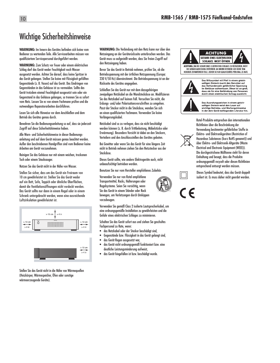 Wichtige sicherheitshinweise | ROTEL Five Channel Power Amplifier RMB-1565 User Manual | Page 10 / 26