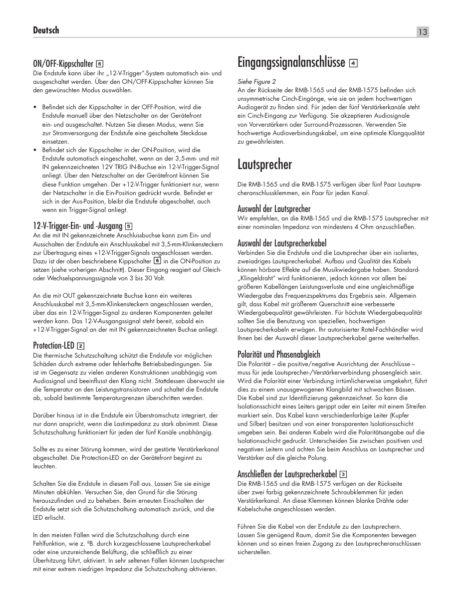 Eingangssignalanschlüsse, Lautsprecher | ROTEL Five Channel Power Amplifier RMB-1565 User Manual | Page 13 / 26