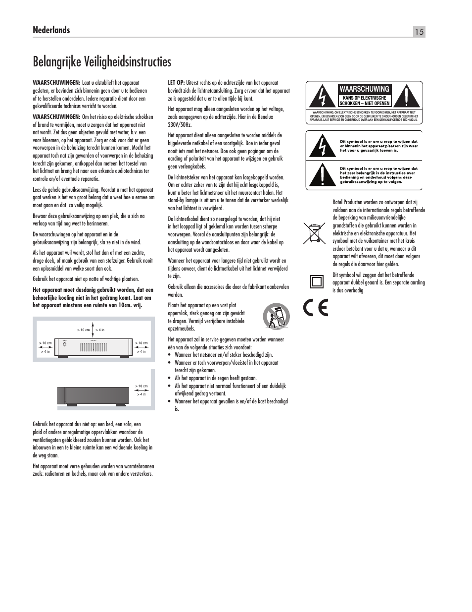Belangrijke veiligheidsinstructies, Nederlands, Waarschuwing | ROTEL Five Channel Power Amplifier RMB-1565 User Manual | Page 15 / 26