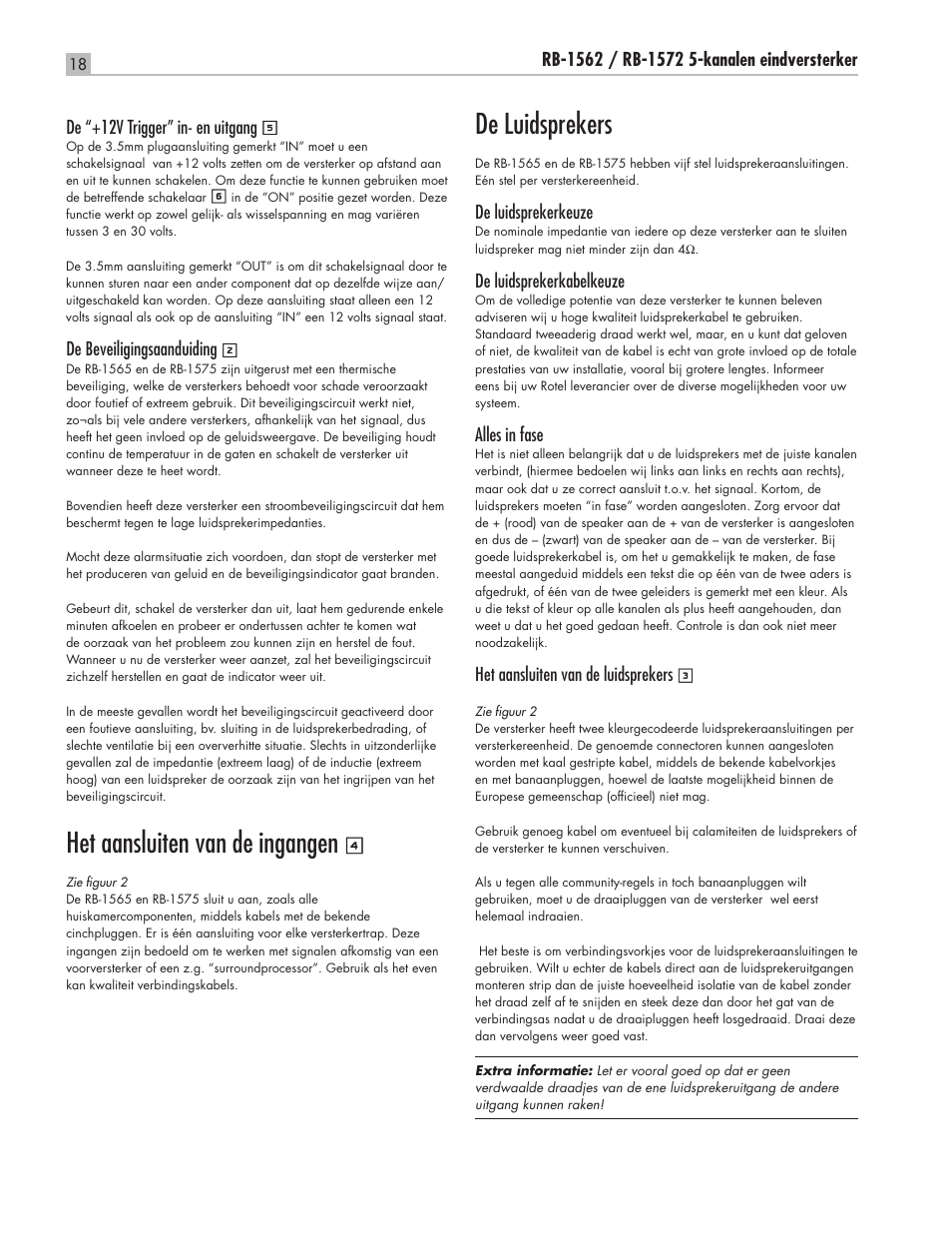 Het aansluiten van de ingangen, De luidsprekers | ROTEL Five Channel Power Amplifier RMB-1565 User Manual | Page 18 / 26