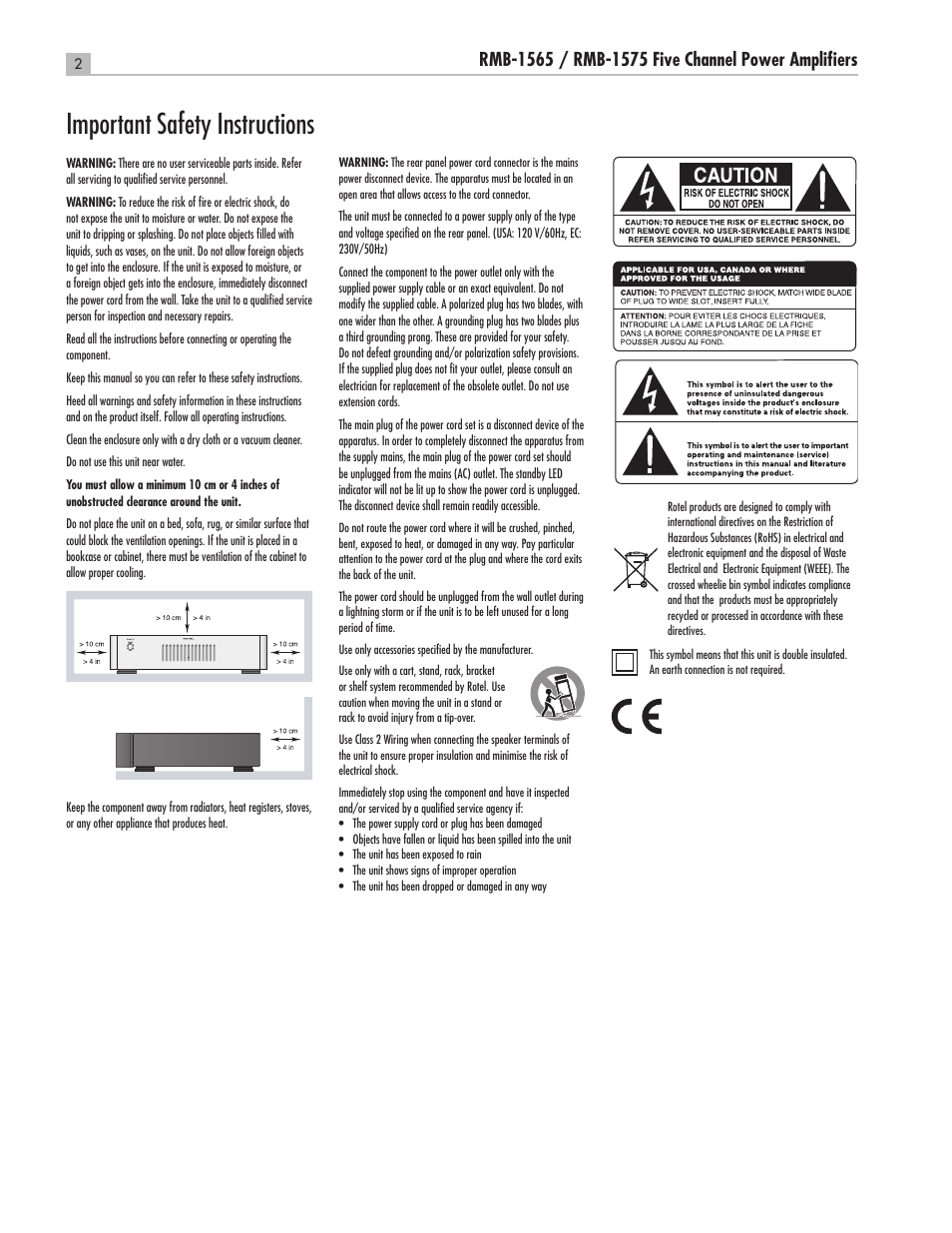 Important safety instructions | ROTEL Five Channel Power Amplifier RMB-1565 User Manual | Page 2 / 26