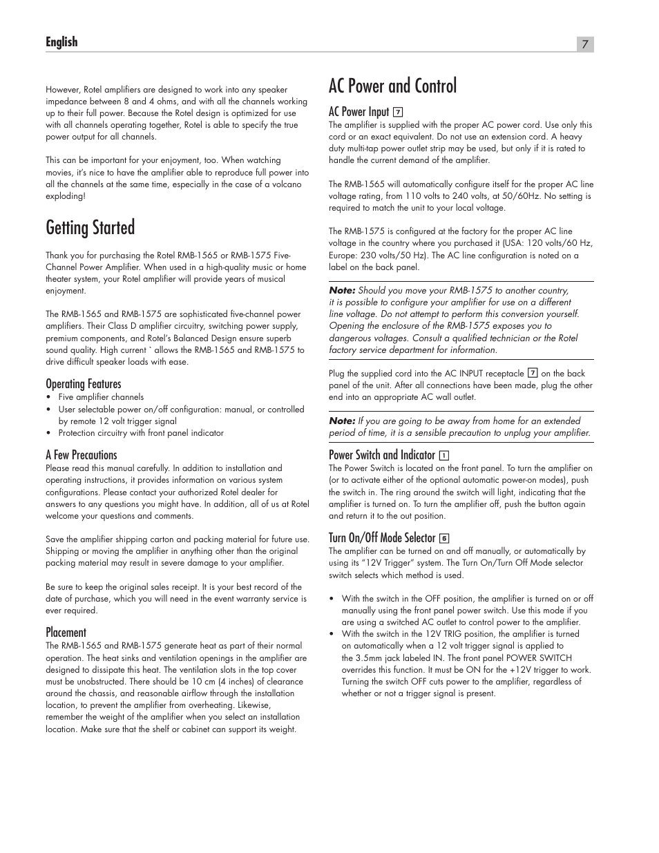 Getting started, Ac power and control | ROTEL Five Channel Power Amplifier RMB-1565 User Manual | Page 7 / 26
