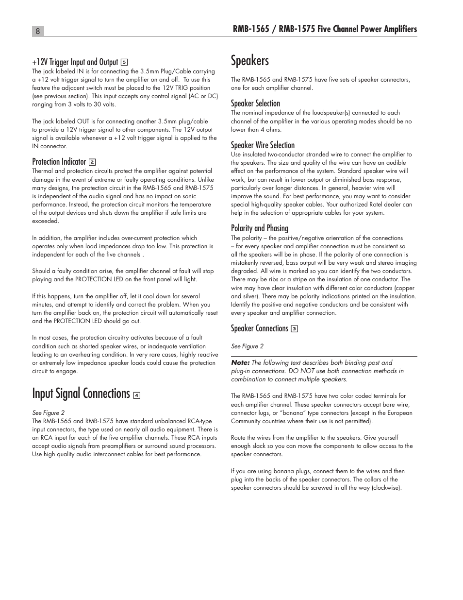 Input signal connections, Speakers | ROTEL Five Channel Power Amplifier RMB-1565 User Manual | Page 8 / 26