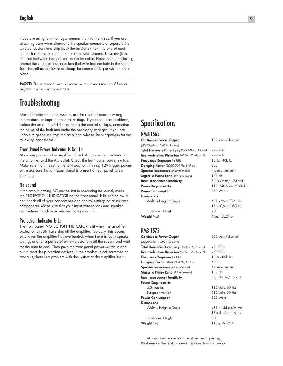 Troubleshooting, Specifi cations, English | Front panel power indicator is not lit, No sound, Protection indicator is lit, Rmb-1565, Rmb-1575 | ROTEL Five Channel Power Amplifier RMB-1565 User Manual | Page 9 / 26