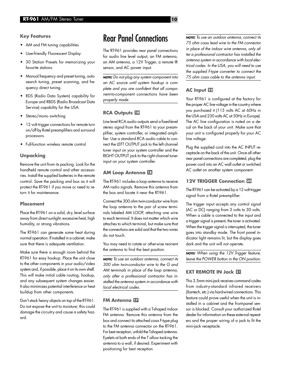 Rear panel connections | ROTEL RT-961 User Manual | Page 10 / 48