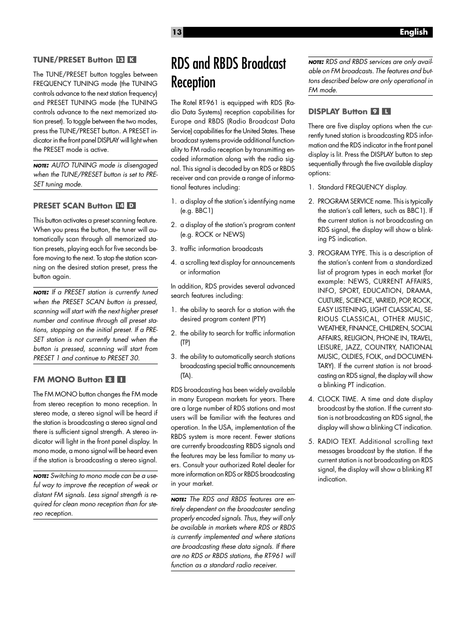 Rds and rbds broadcast reception | ROTEL RT-961 User Manual | Page 13 / 48