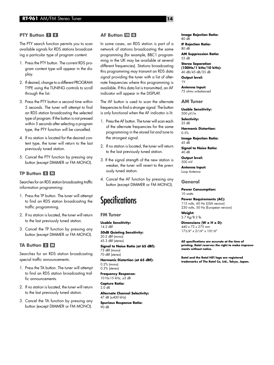 Specifications | ROTEL RT-961 User Manual | Page 14 / 48