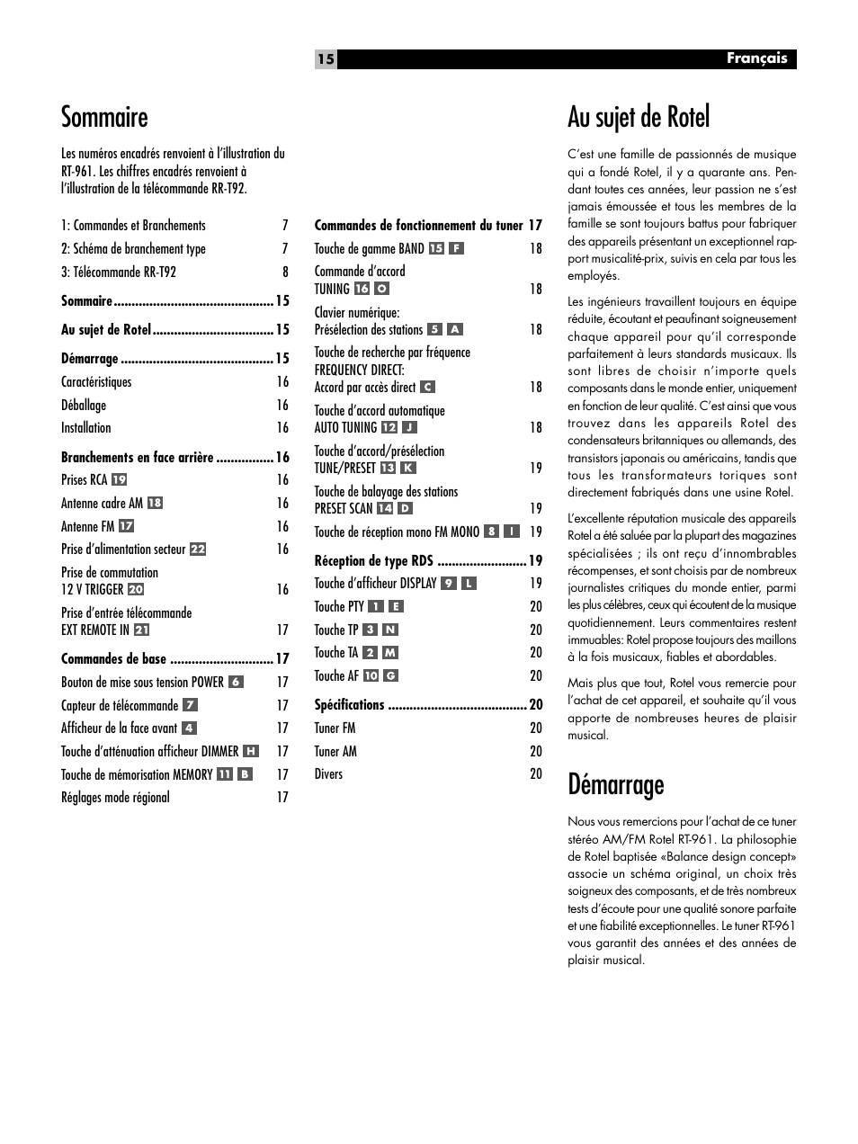 Au sujet de rotel, Démarrage, Sommaire | ROTEL RT-961 User Manual | Page 15 / 48
