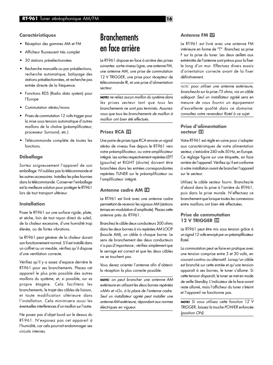 Branchements en face arrière | ROTEL RT-961 User Manual | Page 16 / 48