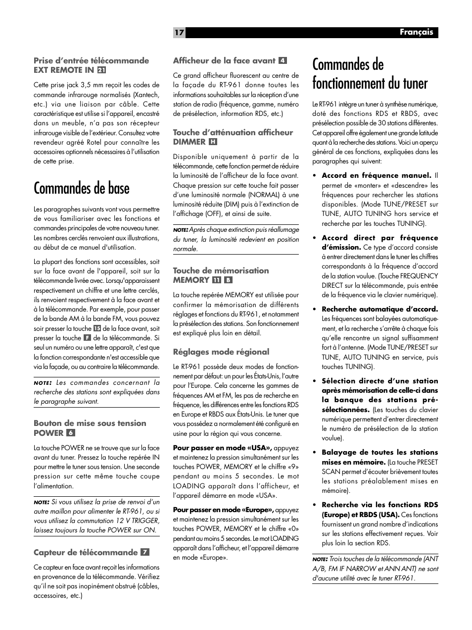 Commandes de base, Commandes de fonctionnement du tuner | ROTEL RT-961 User Manual | Page 17 / 48
