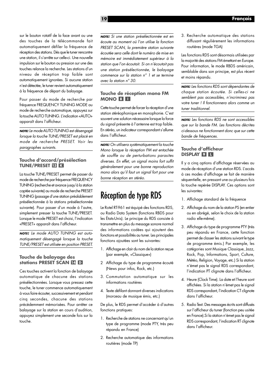 Réception de type rds | ROTEL RT-961 User Manual | Page 19 / 48