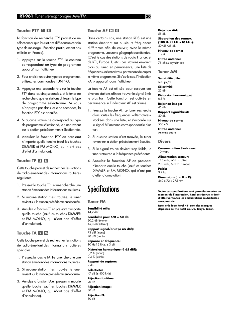 Spécifications | ROTEL RT-961 User Manual | Page 20 / 48