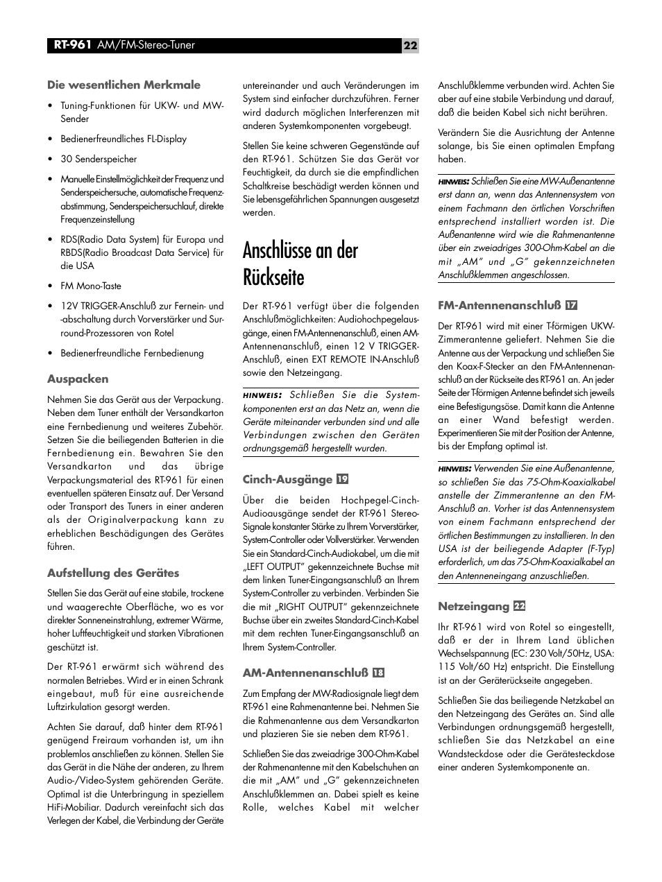 Anschlüsse an der rückseite | ROTEL RT-961 User Manual | Page 22 / 48