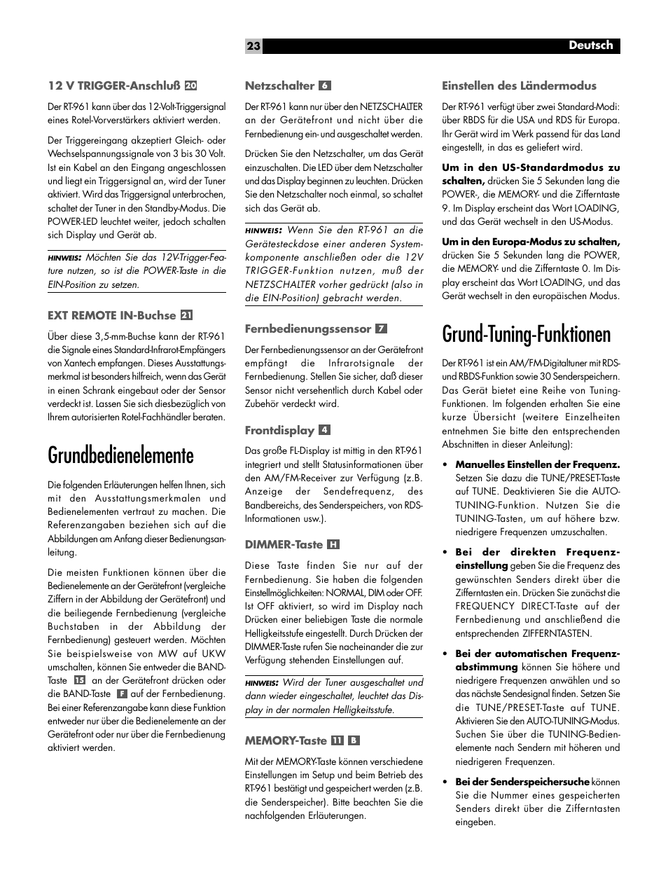 Grundbedienelemente, Grund-tuning-funktionen | ROTEL RT-961 User Manual | Page 23 / 48