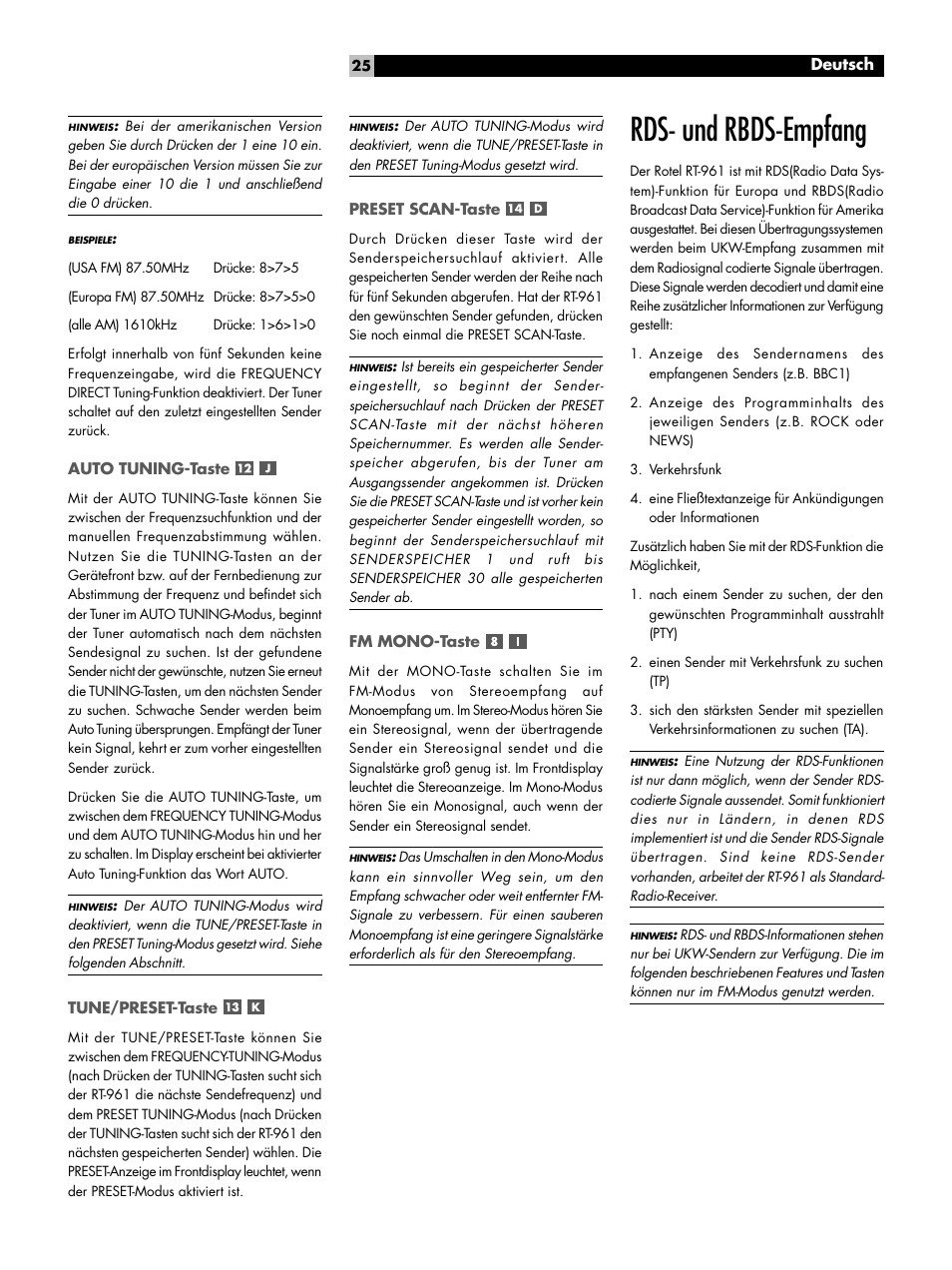 Rds- und rbds-empfang | ROTEL RT-961 User Manual | Page 25 / 48