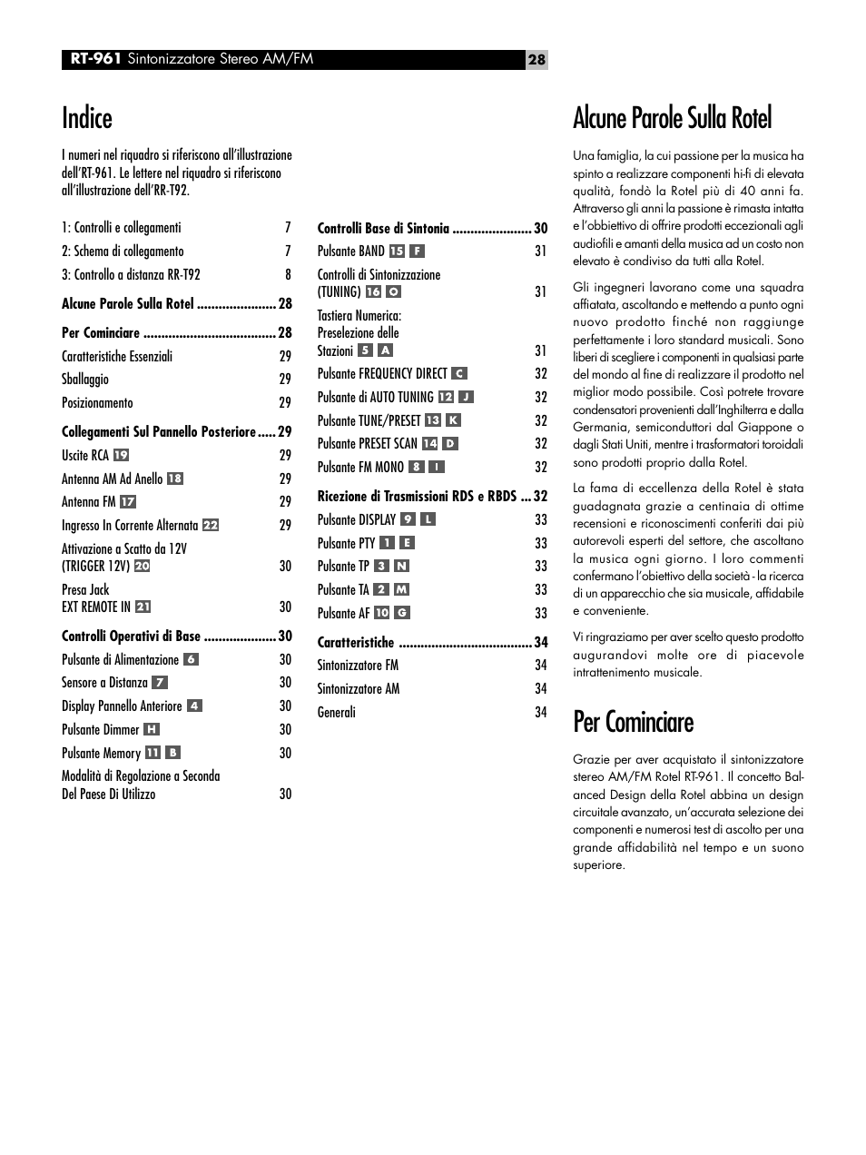 Indice, Alcune parole sulla rotel, Per cominciare | ROTEL RT-961 User Manual | Page 28 / 48