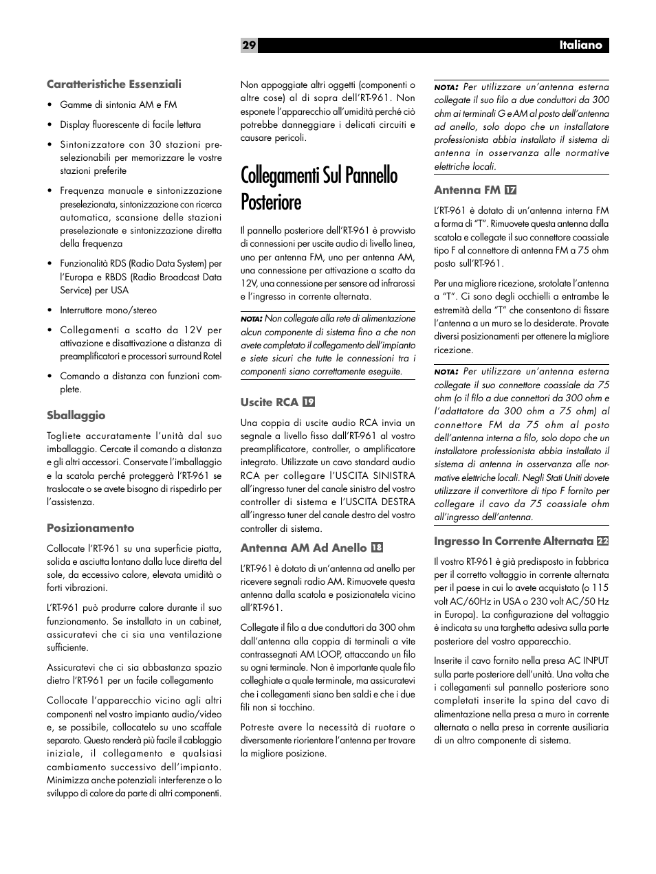Collegamenti sul pannello posteriore | ROTEL RT-961 User Manual | Page 29 / 48