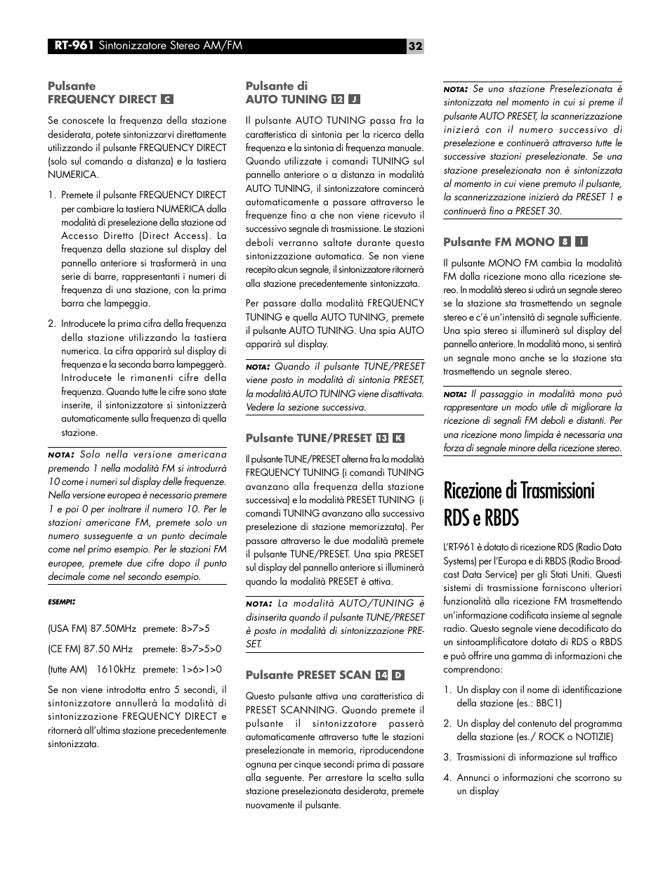 Ricezione di trasmissioni rds e rbds | ROTEL RT-961 User Manual | Page 32 / 48