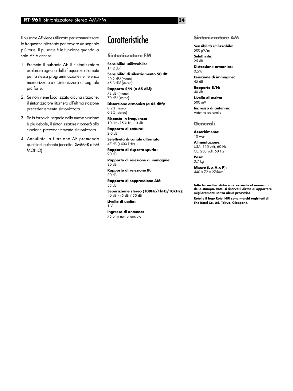 Caratteristiche, Rt-961 sintonizzatore stereo am/fm | ROTEL RT-961 User Manual | Page 34 / 48