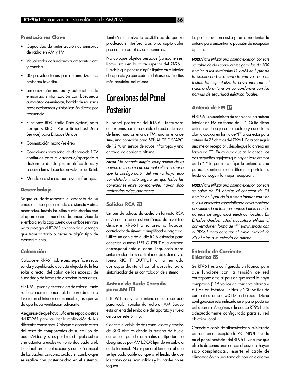 Conexiones del panel posterior | ROTEL RT-961 User Manual | Page 36 / 48