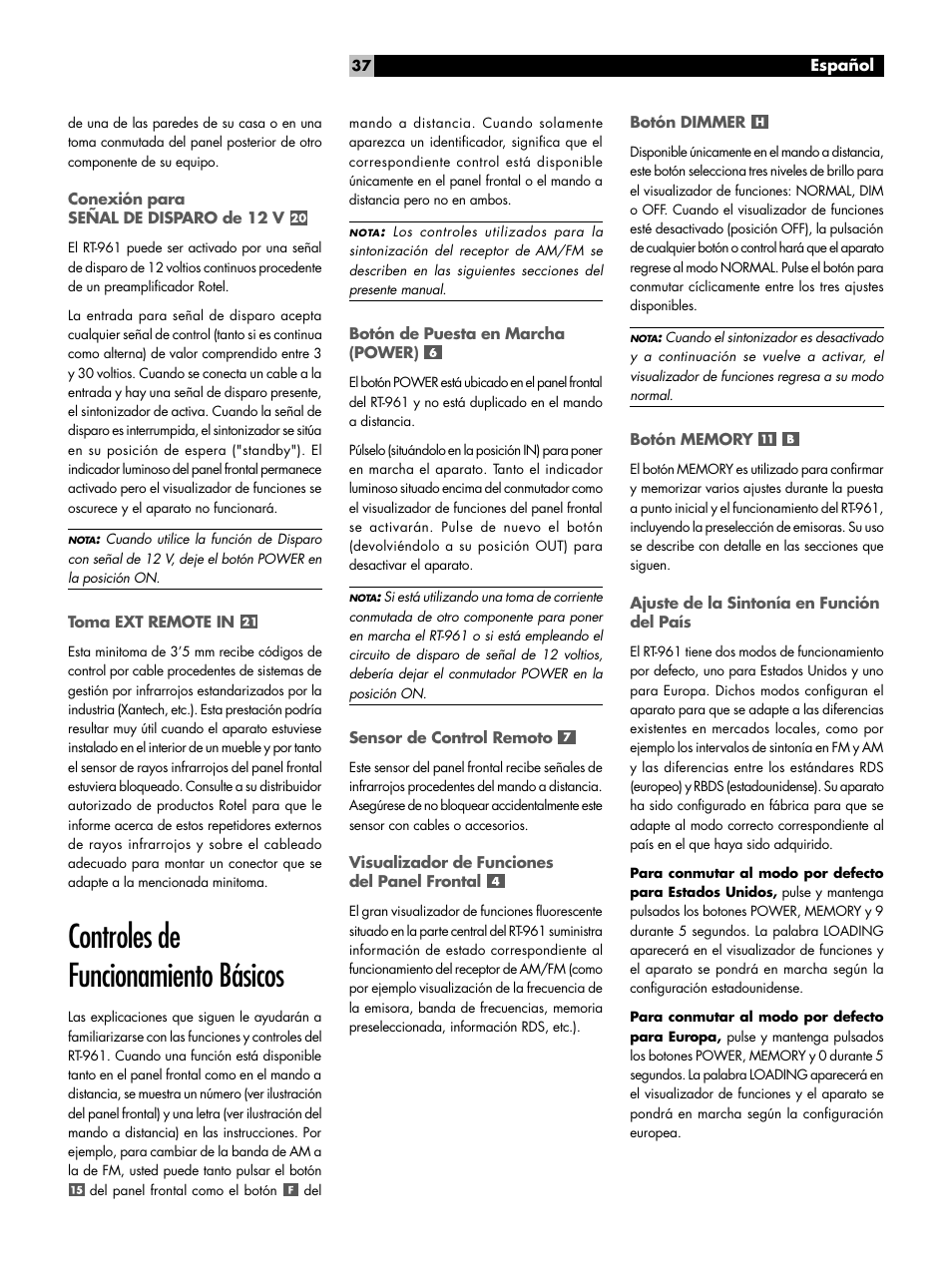 Controles de funcionamiento básicos | ROTEL RT-961 User Manual | Page 37 / 48