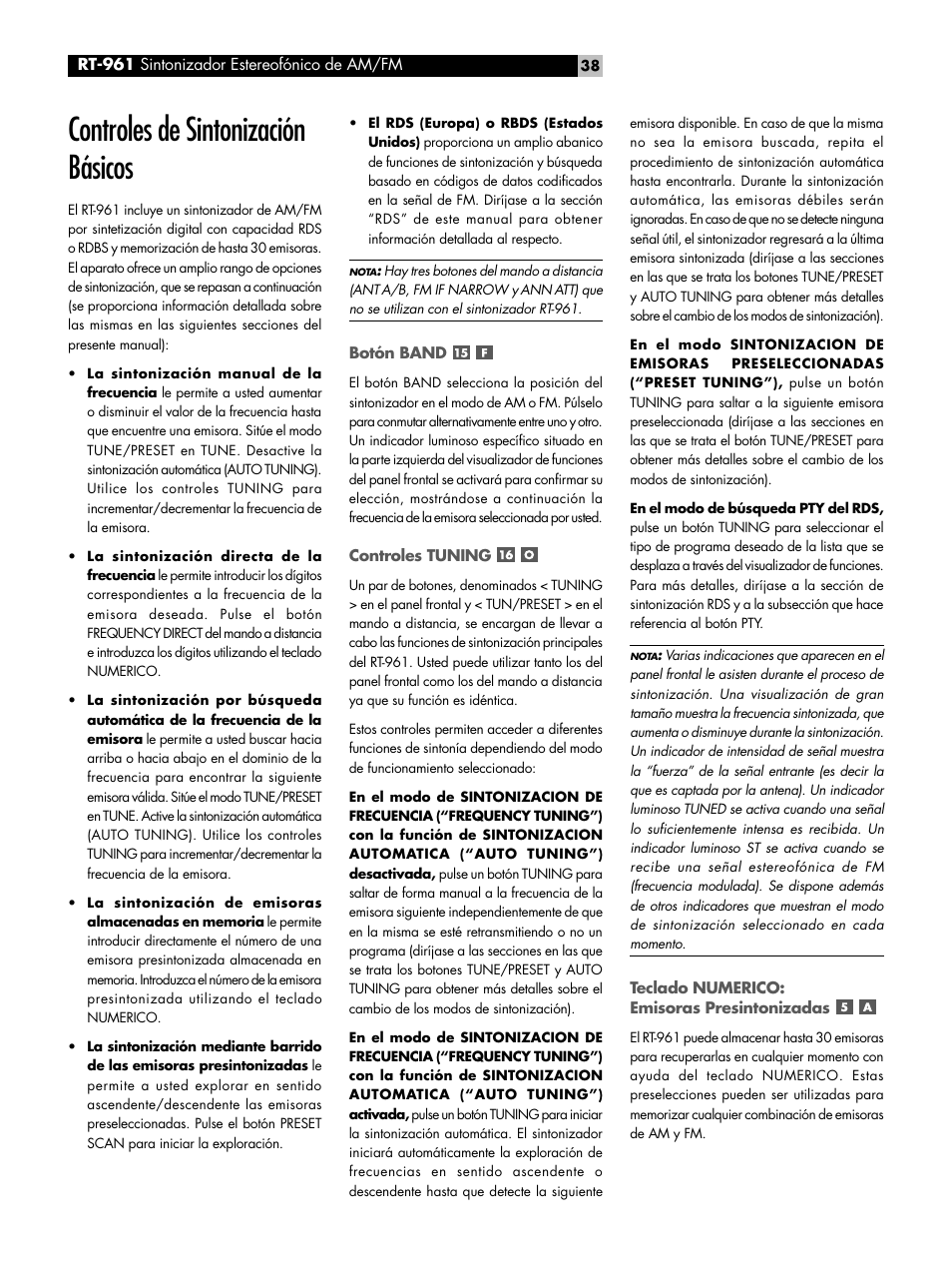 Controles de sintonización básicos | ROTEL RT-961 User Manual | Page 38 / 48