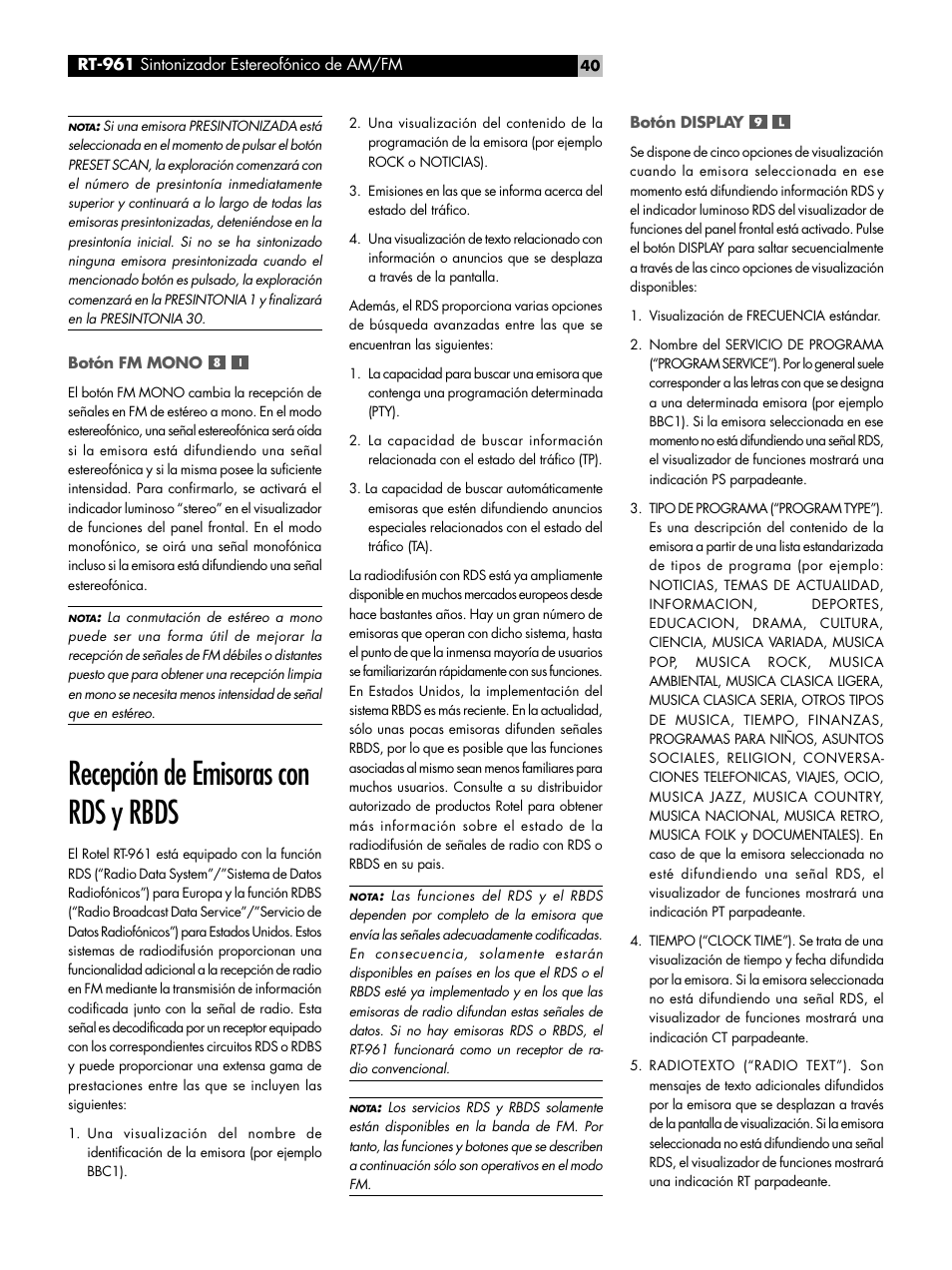 Recepción de emisoras con rds y rbds | ROTEL RT-961 User Manual | Page 40 / 48