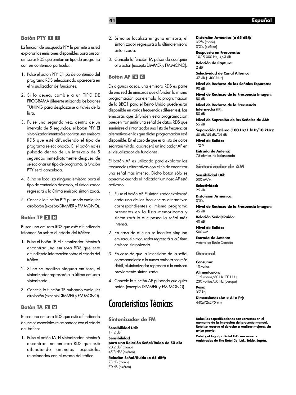 Características técnicas | ROTEL RT-961 User Manual | Page 41 / 48