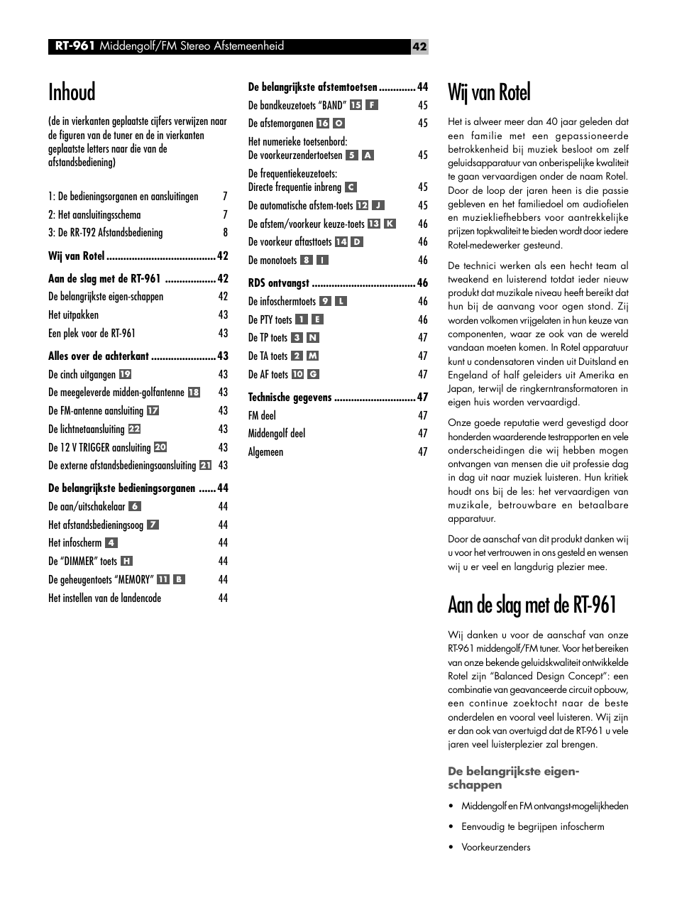 Wij van rotel, Aan de slag met de rt-961, Inhoud | ROTEL RT-961 User Manual | Page 42 / 48