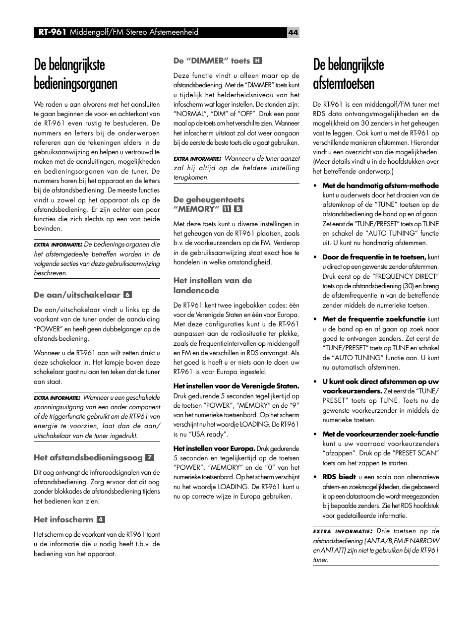 De belangrijkste bedieningsorganen, De belangrijkste afstemtoetsen | ROTEL RT-961 User Manual | Page 44 / 48