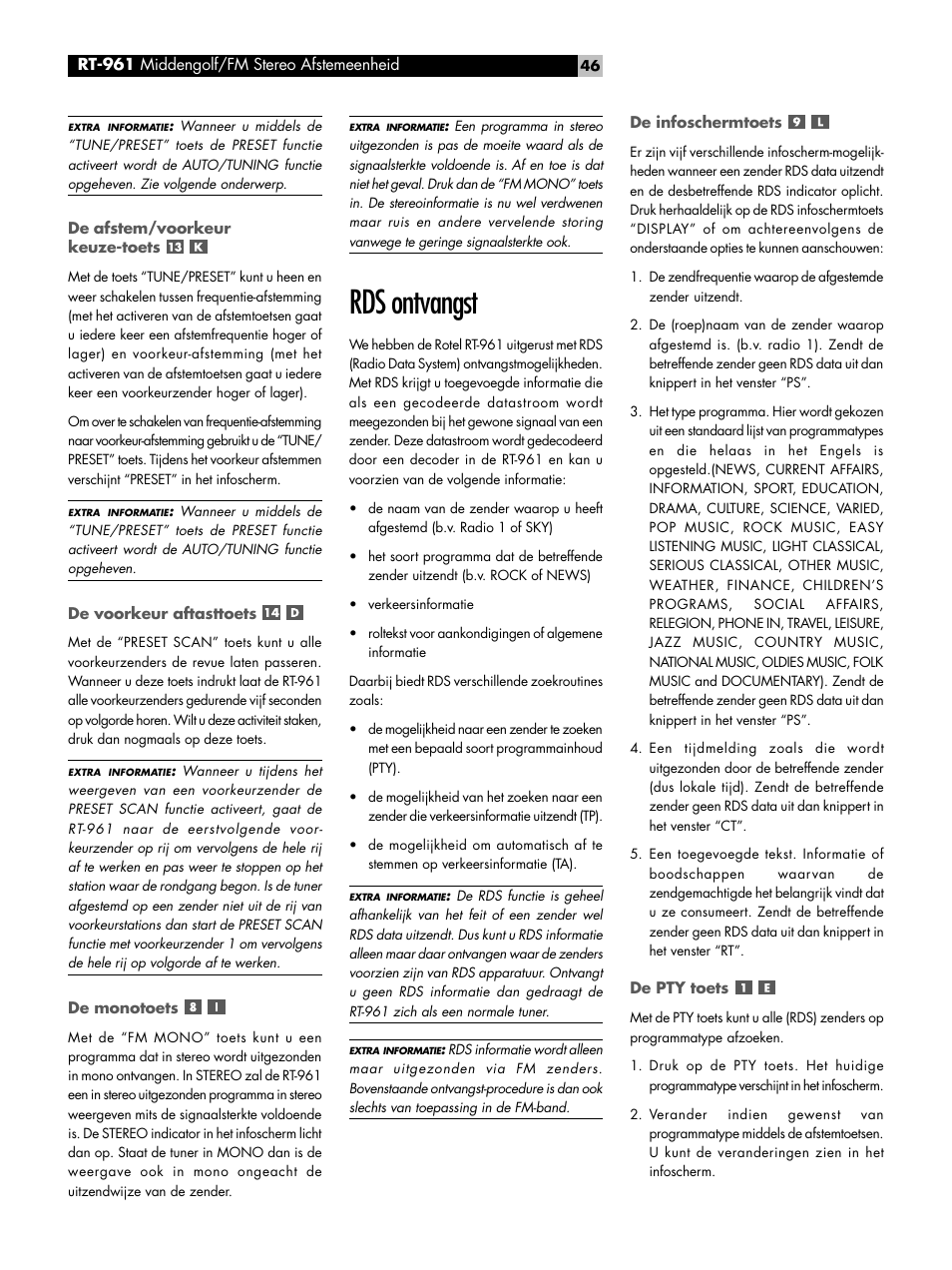 Rds ontvangst | ROTEL RT-961 User Manual | Page 46 / 48