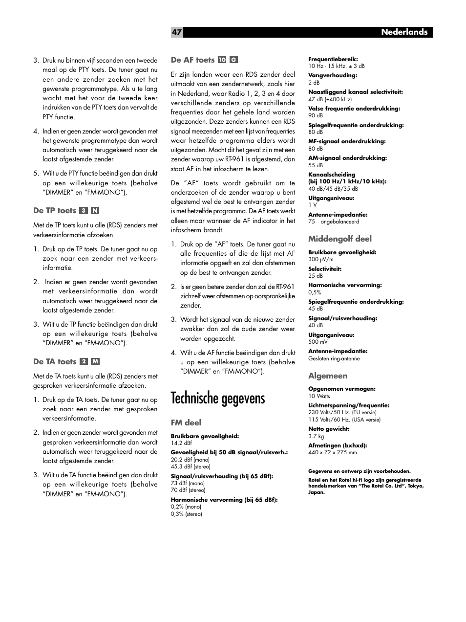 Technische gegevens | ROTEL RT-961 User Manual | Page 47 / 48