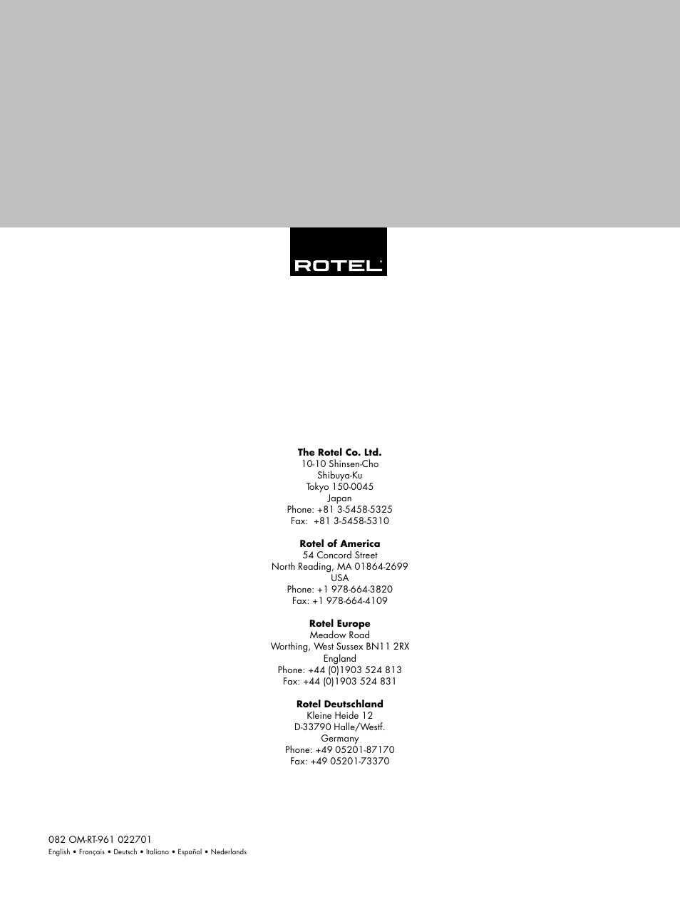 ROTEL RT-961 User Manual | Page 48 / 48